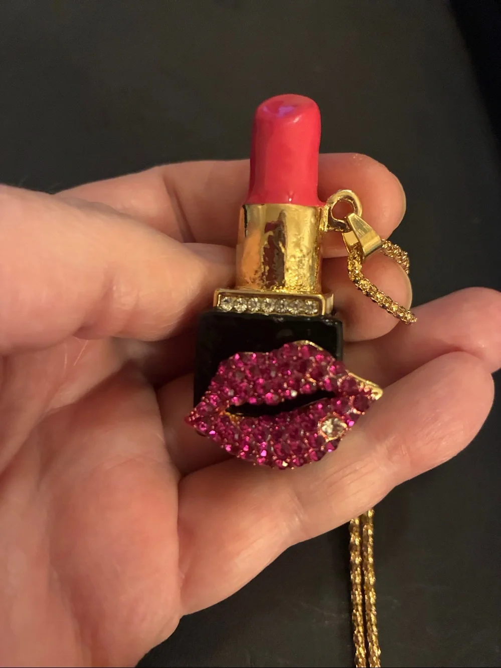 Pink Lipstick Pendant with crystal red lips. White crystal on the bottom lip